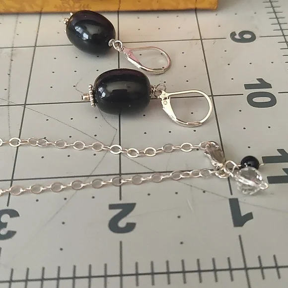 Necklace and earrings set, onyx and 925,17 inches - Picture 2 of 9